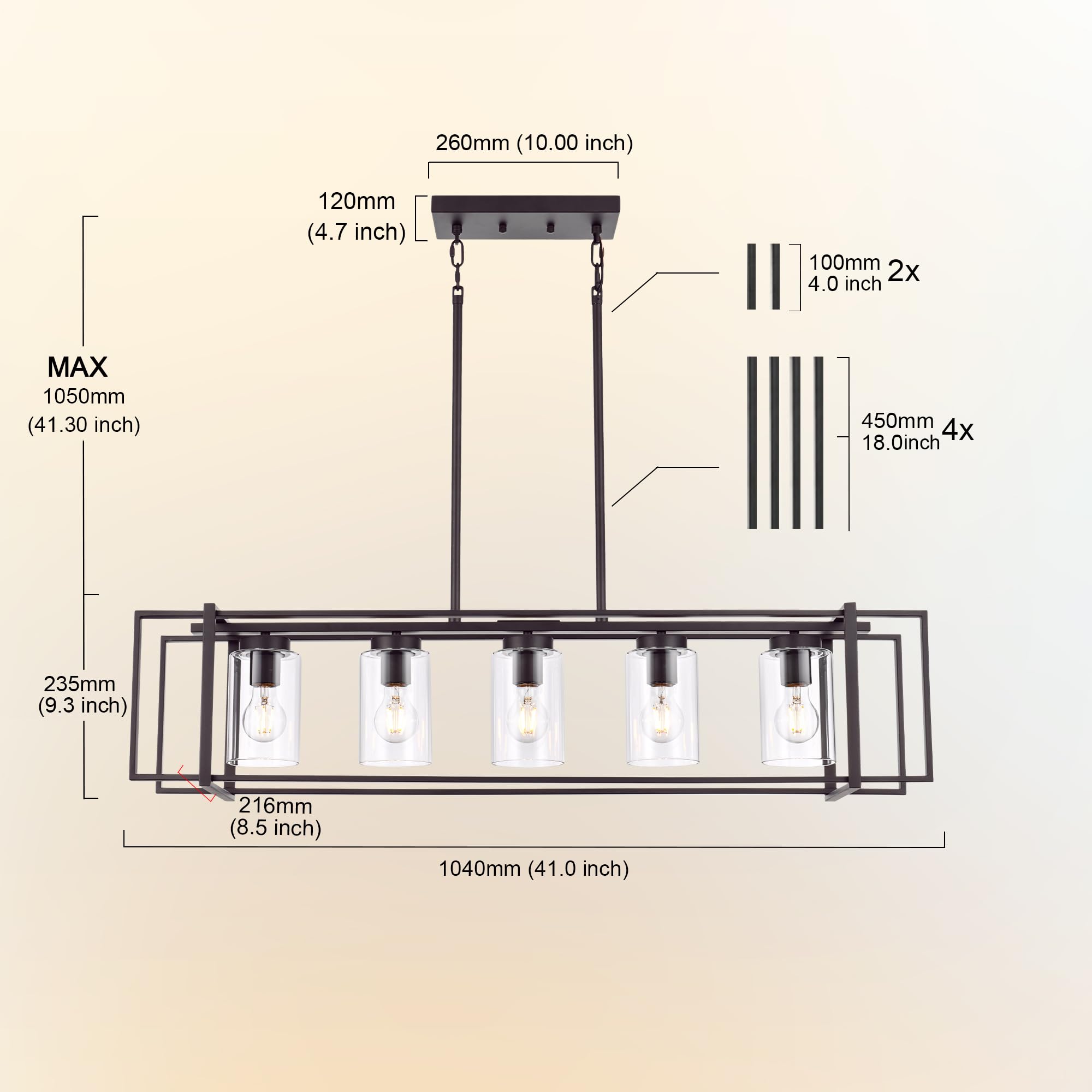 Lucidce 5-Light Industrial Pendant Lighting, Oil-Rubbed Bronze, Adjustable Rectangular Frame, Transparent Glass Shades, Model 011P-OB
