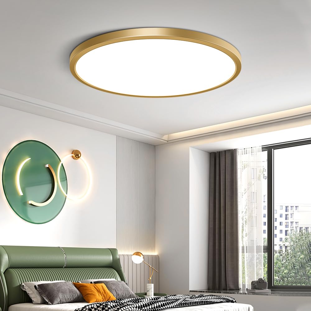 Fletergib 12 Inch Gold Led Ceiling Light, 5000K Daylight White, 24W Gold Flush Mount Ceiling Light, 3200Lm Round Low Profile Ceiling Lights For Bedroom, Living Room, Dining Room