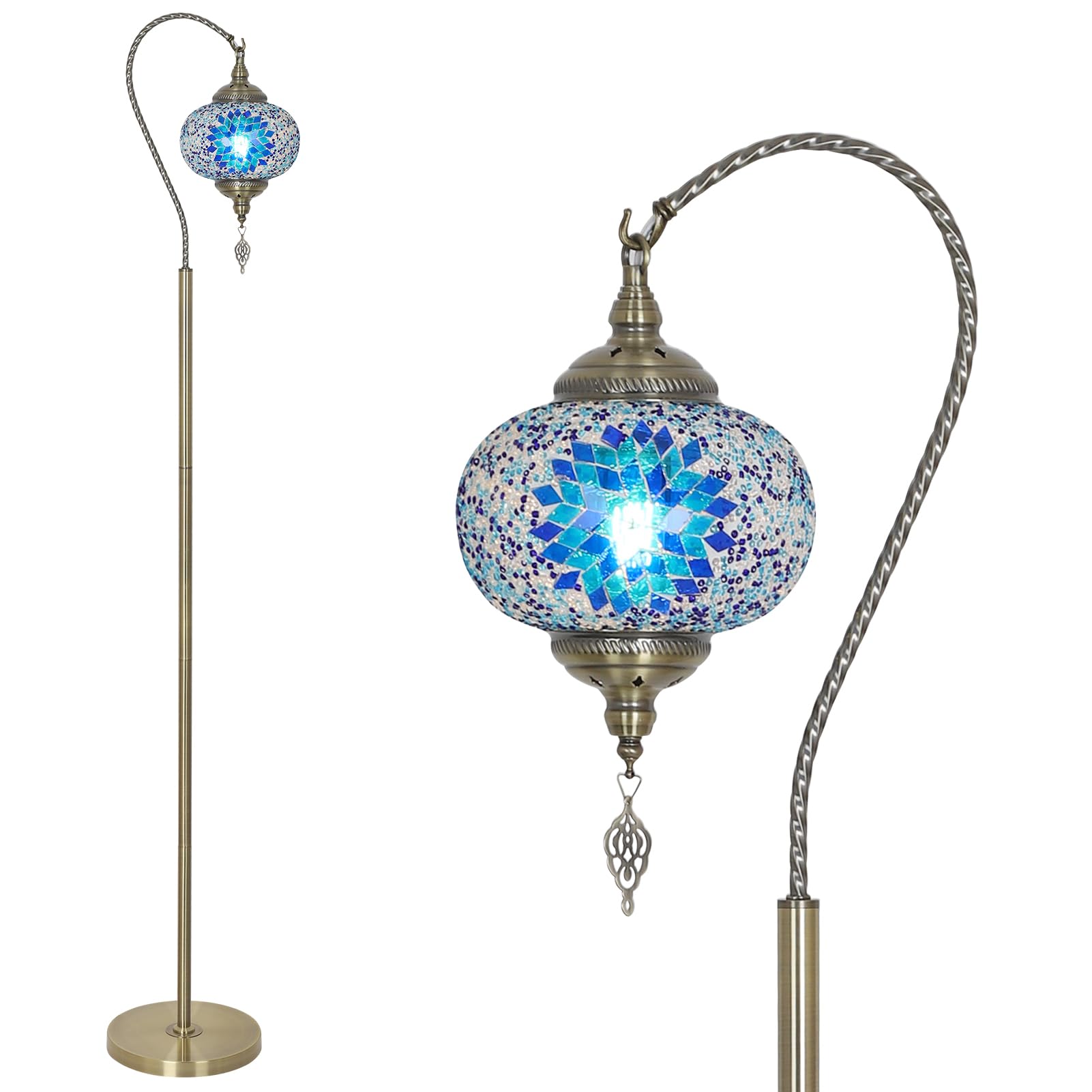LAMSU Turkish Moroccan Floor Lamp, Swan Neck Tiffany Lamp with Handmade Mosaic Glass Shade, Bronze Base, 65 Tall Standing Lamps 