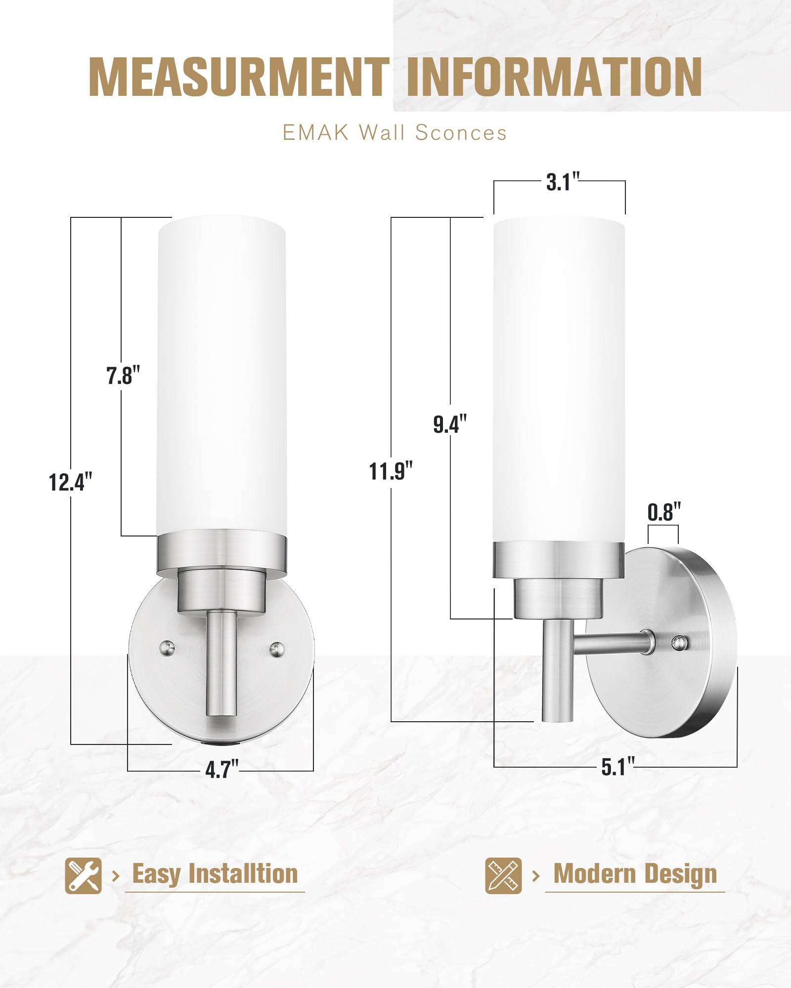 Emak Modern Brushed Nickel Sconces, Bathroom Vanity Light With Milk Glass Shade, Wall Sconce For Bathroom, Bedroom, Living Room,