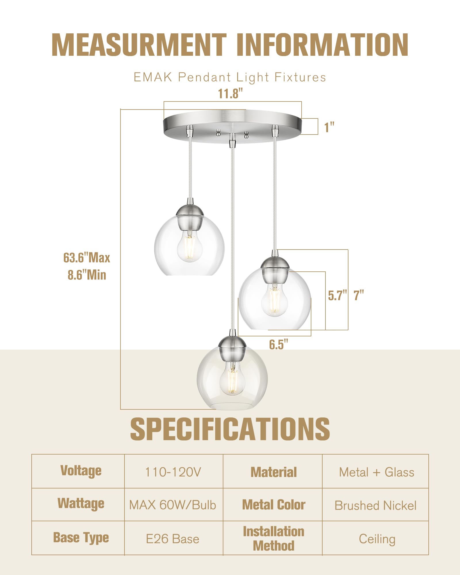 Emak Brushed Nickel Pendant Light, 3-Light Pendant Lights Kitchen Island With Clear Glass Shade, Cluster Globe Hanging Light Fix