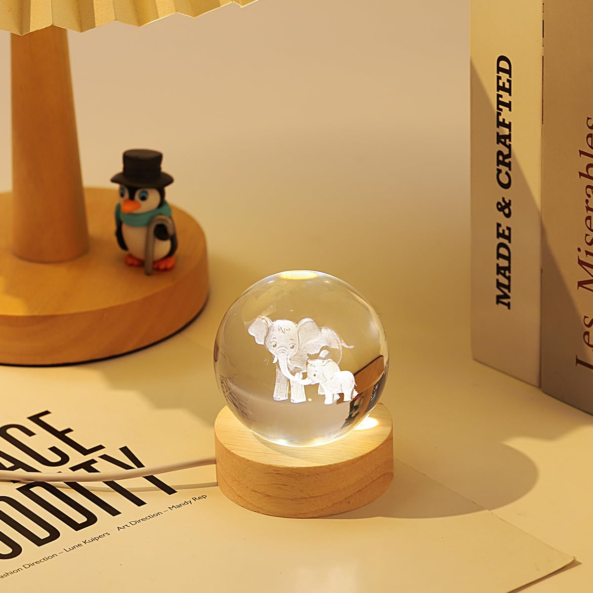 Hochance 3D Elephant Crystal Ball Lamp With Adjustable Brightness Led Wooden Base Night Light For Kids Teens mature-themeds Birthday Gift Home Desk Office Bedroom Decor (6Cm / 2.4 )