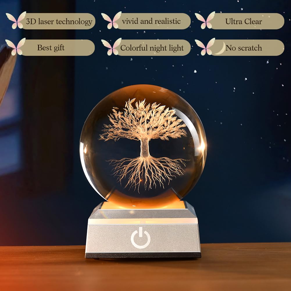 Zrenjhus 80Mm 3D Tree Of Life Crystal Ball With Colorful Light Touch Base Life Tree Night Light Flower Of Life Decor Healing Bal