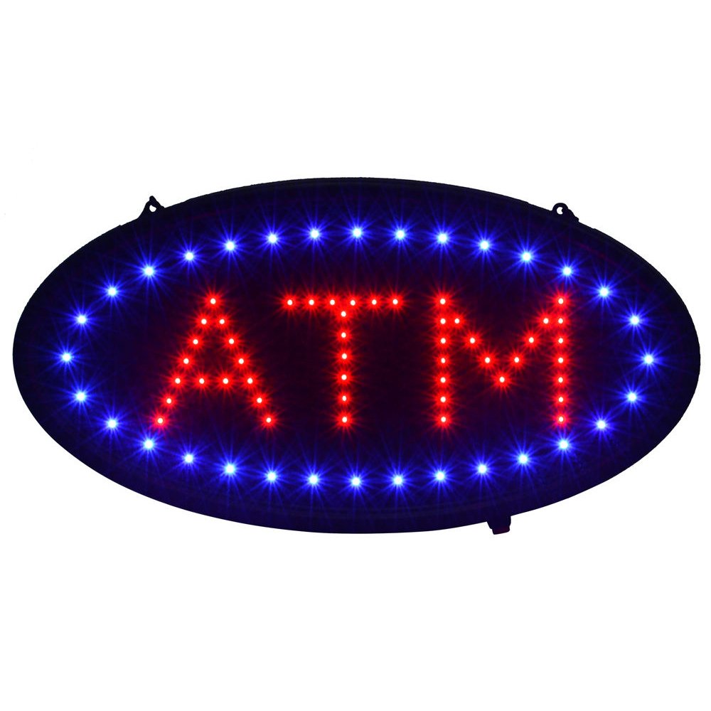 Boshen LED ATM Sign for Banks and Shops, Multicolor Metal, 19in L x 10in W, Model 04ODS0021, On/Off Switch, Oval inATMin Design