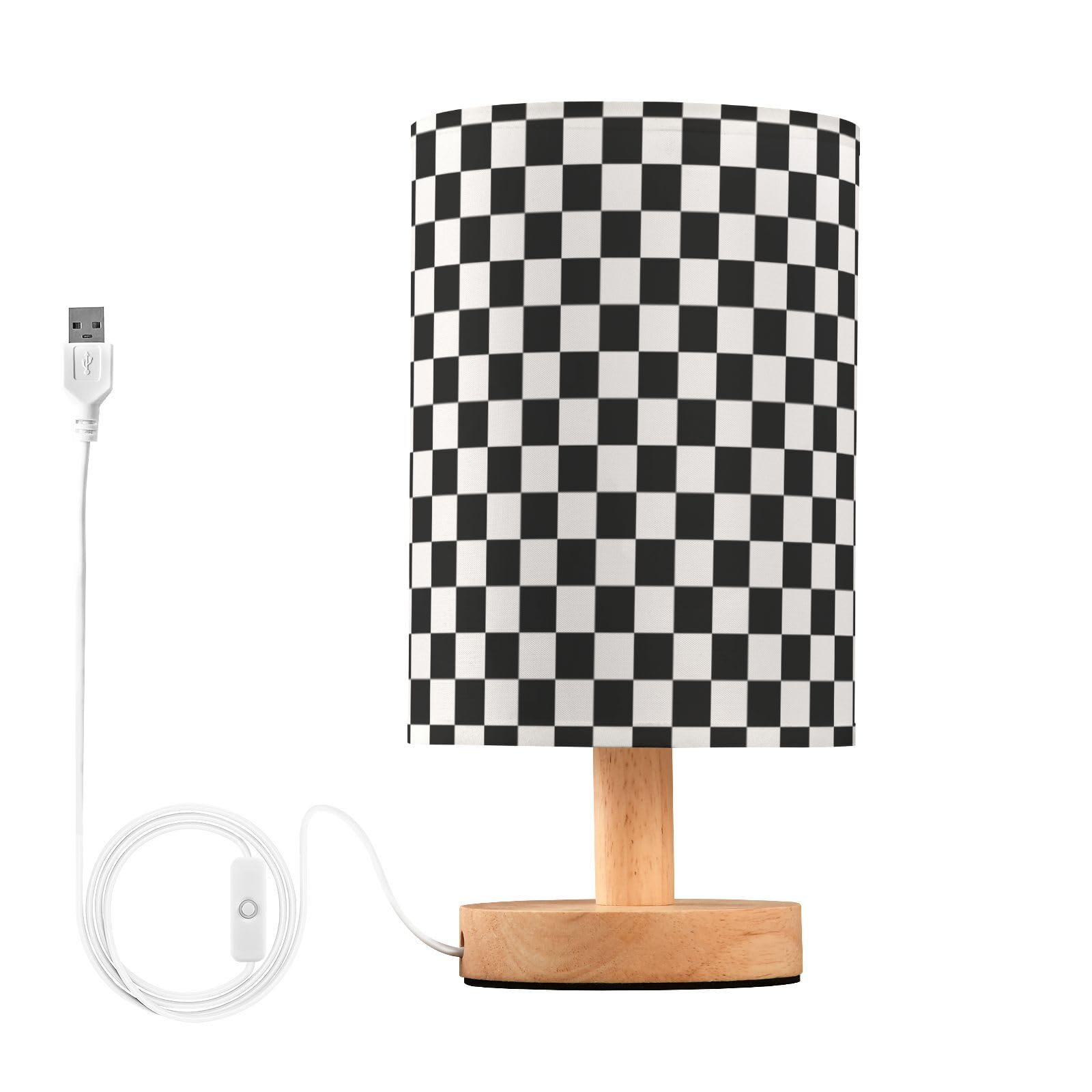 BOENLE Bedside Lamp Black White Checkered Pattern Table Lamp for Bedroom LED Nightstand Lamp Shade USB Ports Wood Base for Livin