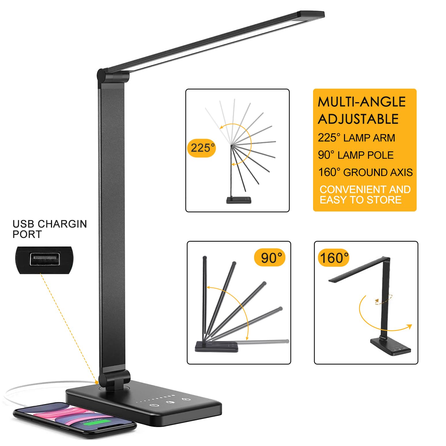 HMFUNTM LED Desk Lamp with USB Charging, 5 Color Modes, 10 Brightness Levels, Touch Control, Black