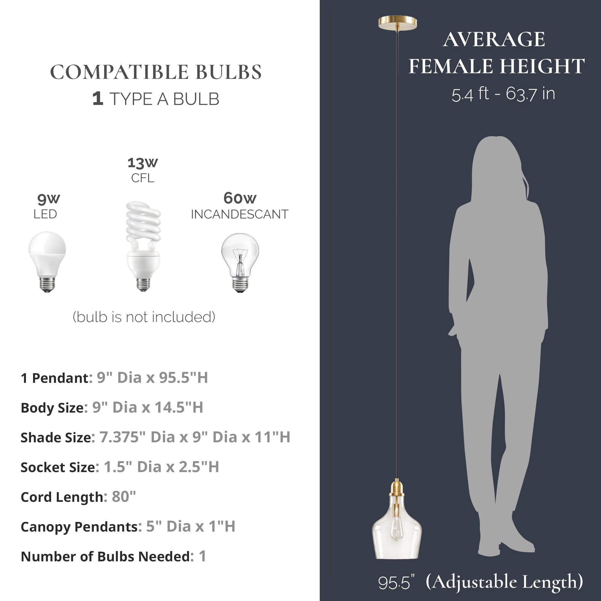 Hampton Hill Auburn Pendant Kitchen Lighting For Dining Room, Industrial Kitchen Lights, Hand-Blown Glass Bell Shaped Pendant Light For Kitchen Island, Foyer, Bedroom, 9" Dia X 95.5" H, Gold/Clear