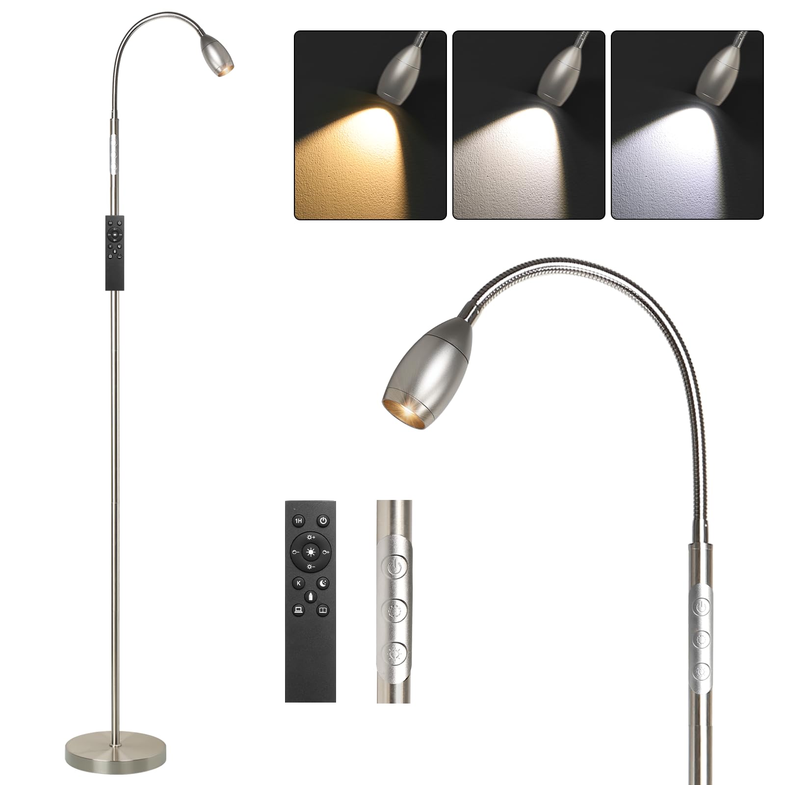 Reading Floor Lamp, 72&quot; Tall Led Lamp With Flexible Gooseneck, Dimmable Zoomable Spotlight, Adjustable Color Beam Standing Lamp, Touch & Remote Control, Task Craft Bedroom Living Room (Brushed Nickel)