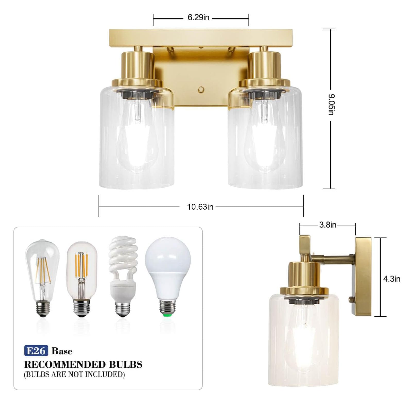 DIKAIDA 2-Light Vanity Lights, Brushed Gold Metal Bath Fixture with Clear Glass Shade, Model JS-2