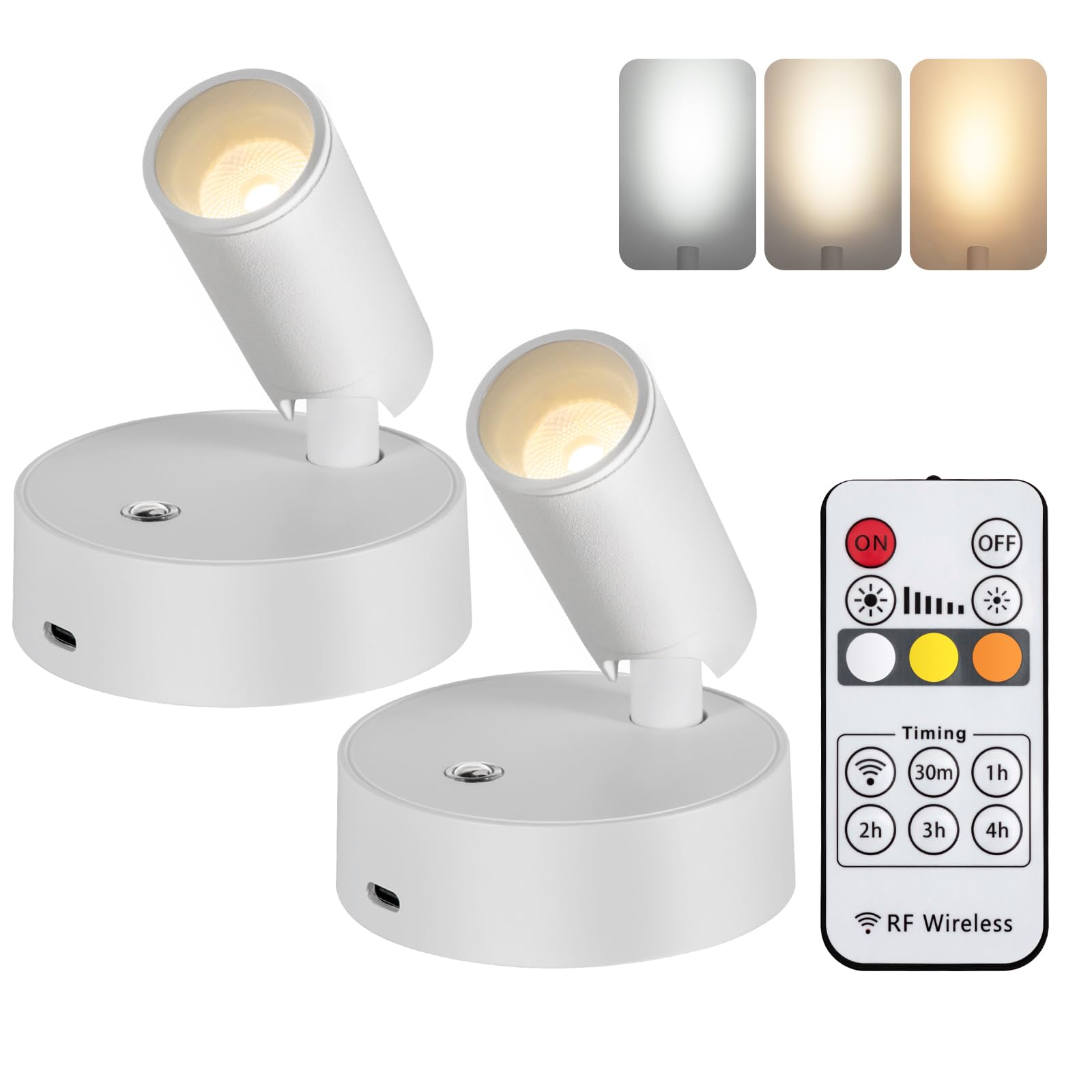 Oteedo 2 Pack Wireless Spotlights Indoor With Remote Up Lights Indoor Picture Light Battery Operated Spot Lights With 3 Color Dimmable Uplighting Indoor Stick On Wall Light For Plant Artwork White