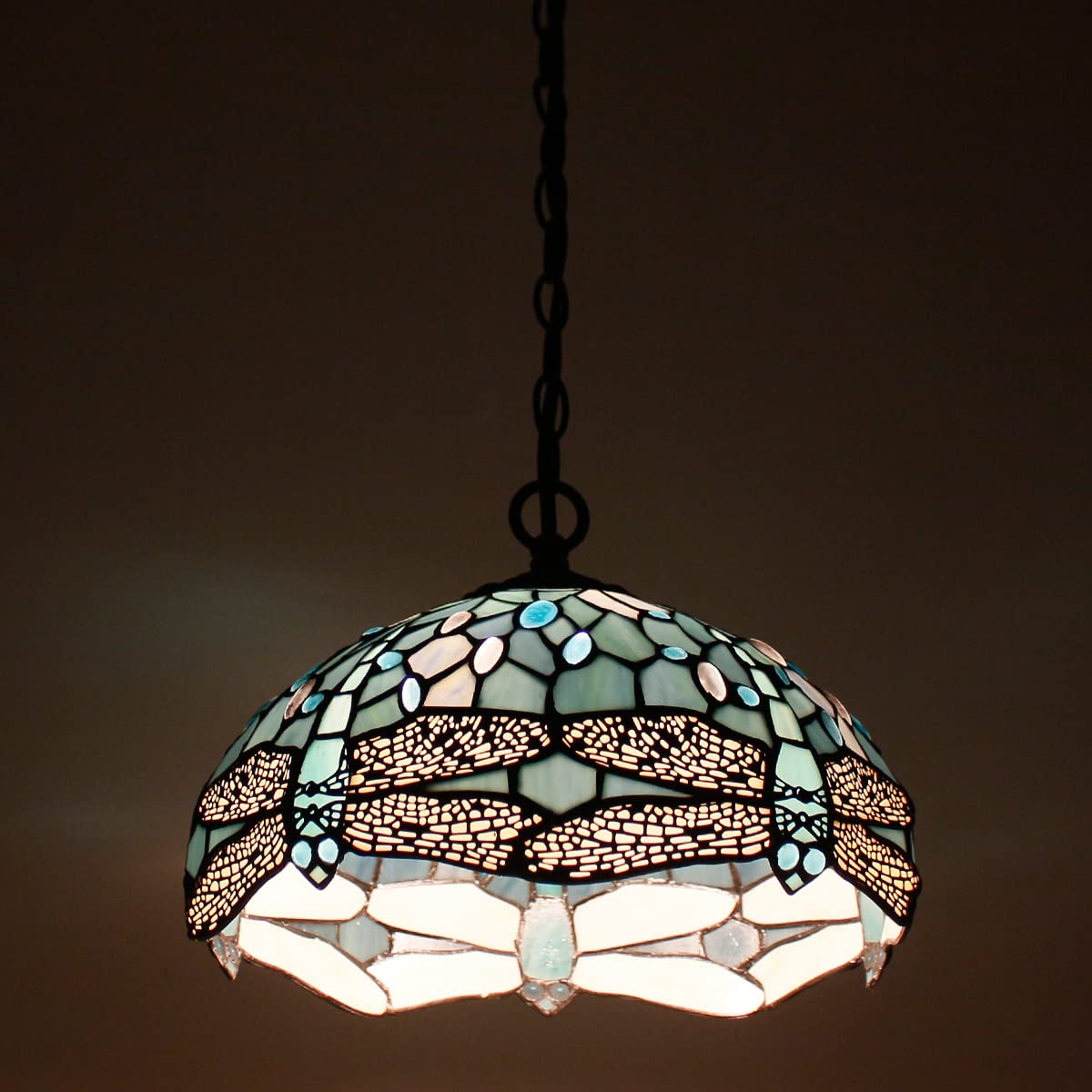 WERFACTORY Tiffany Pendant Lamp Plug In, Sea Blue Stained Glass, 12 Inch Dragonfly, Medium Size, S147 Series