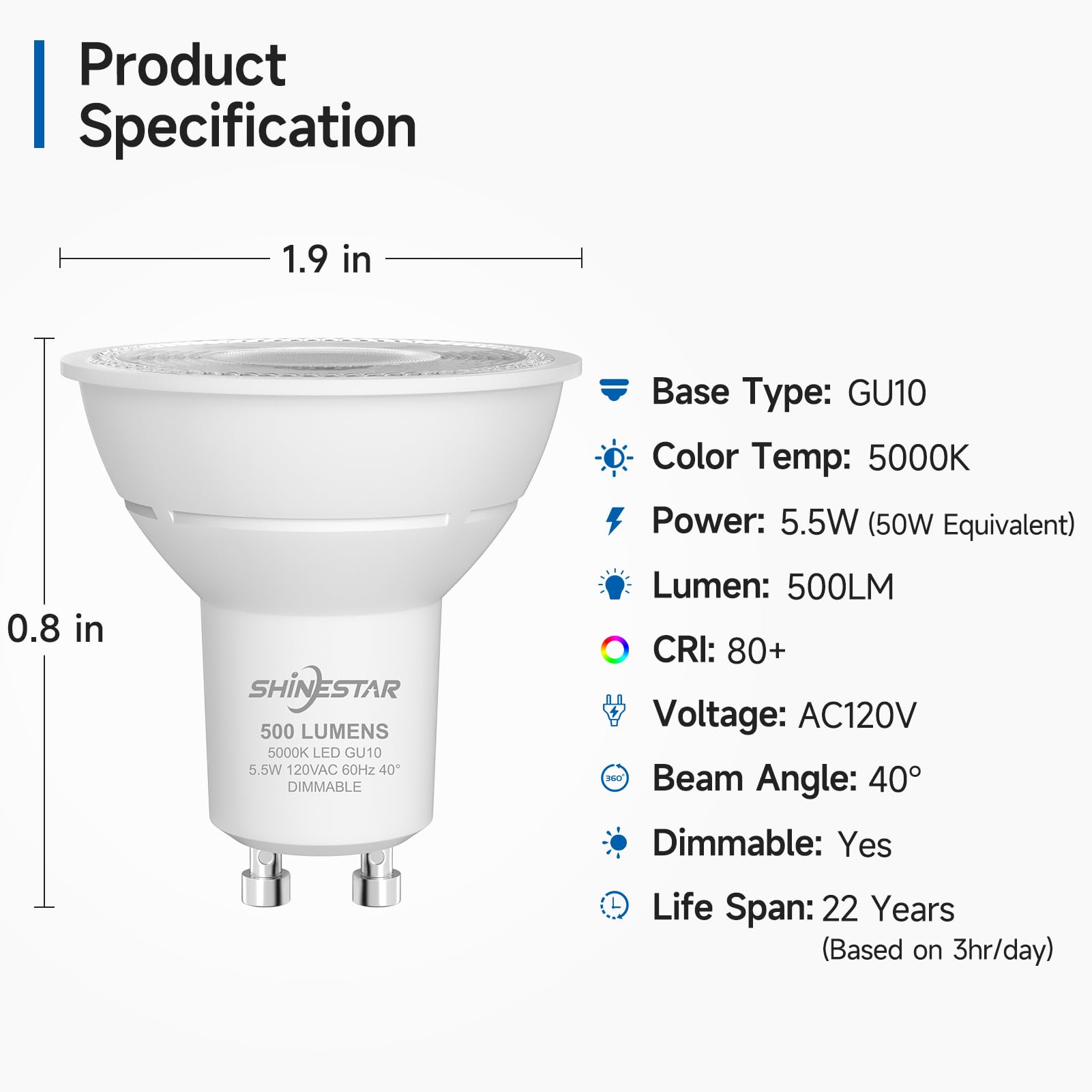 Shinestar Gu10 Led Bulb, 50W Equivalent, Daylight White 5000K, Mr16 Shape, Dimmable Recessed Light Bulbs, 6-Pack