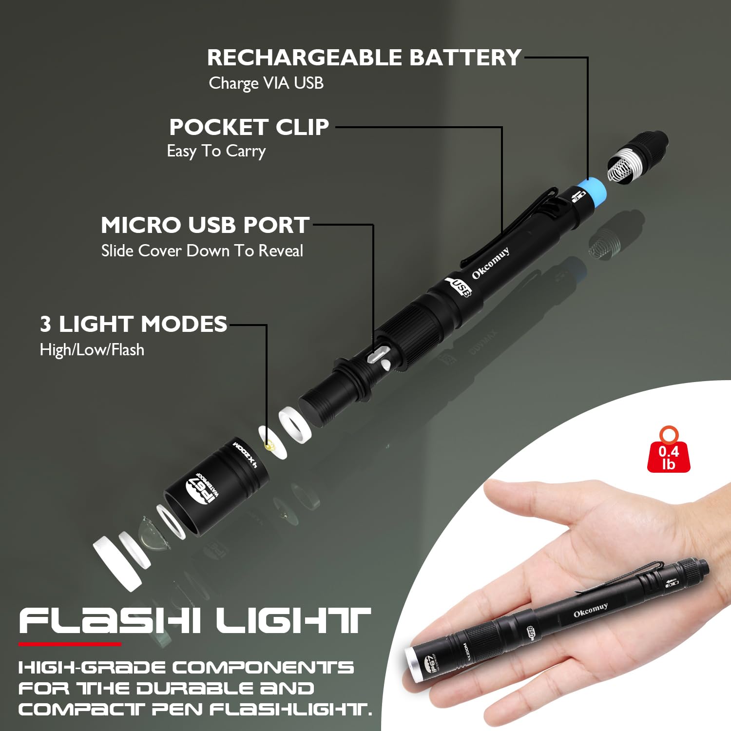 Okcomuy Rechargeable Pen Light Flashlight Ip67 Waterproof With Pocket Clip 4-Zoomable, Prefect Pocket Flashlight For Inspection,