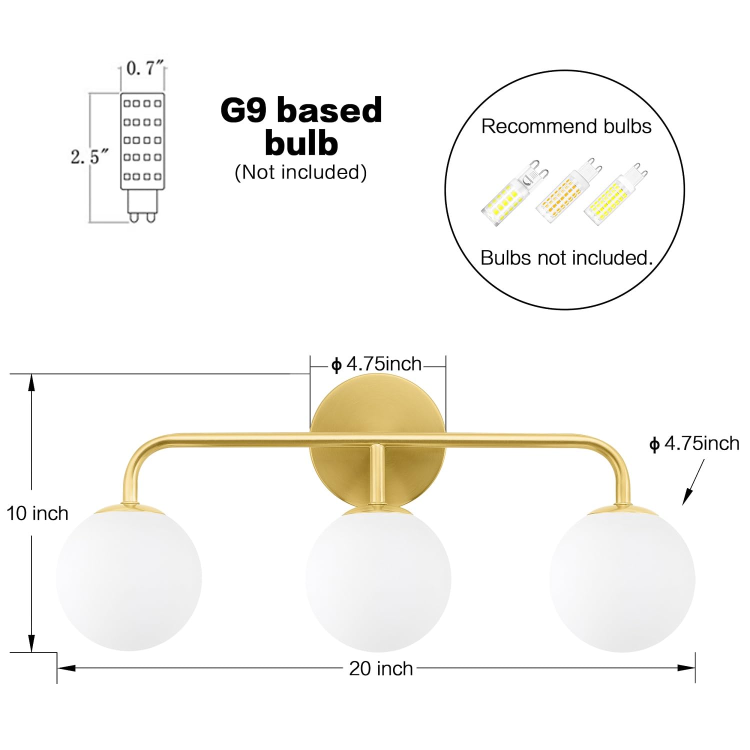 Gold Bathroom Vanity Lights, Mid Century Modern 3-Light Bathroom Lighting Fixtures Over Mirror, Brushed Gold Bathroom Lights Wal