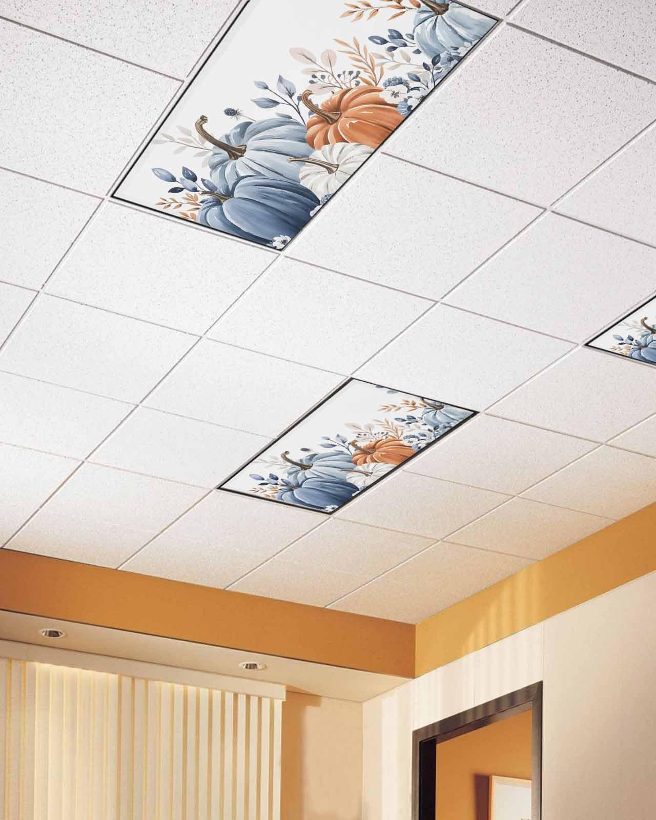 Fall Fluorescent Light Covers For Ceiling Lights Blue White Pumpkin Magnetic Light Filters 2 Pack 4X2 Ft Autumn Eucalyptus Leaves Thanksgiving Ceiling Lights Cover For Classroom Office Drop Lamp