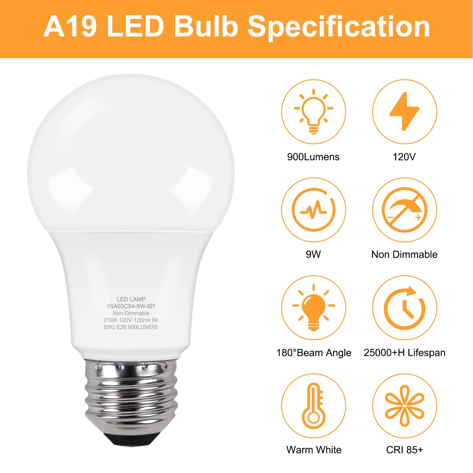 Partphoner A19 Led Light Bulb, 60W Equivalent, 9W 2700K Soft White, E26 Standard Base Non-Dimmable Led Light Bulb, Cri 85+, 6 Pa