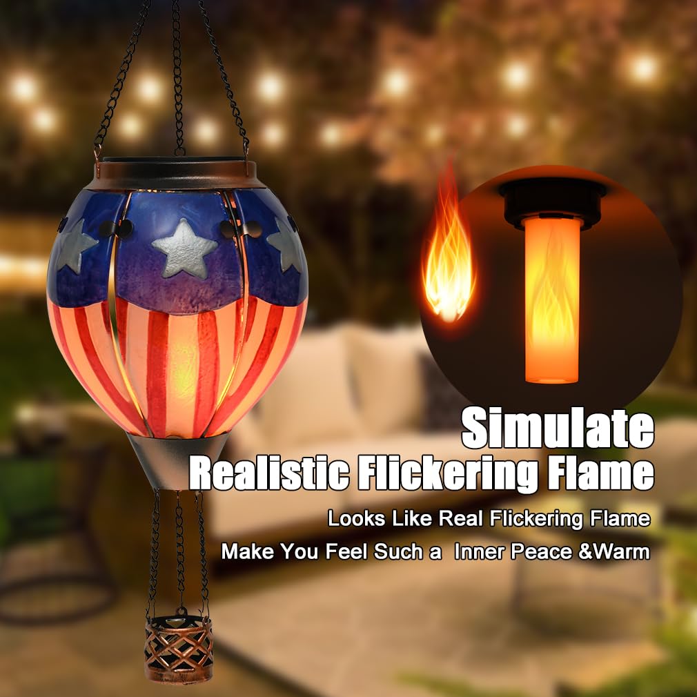 Hot Air Balloon Solar Lantern - U.S Flag Patriotic Glass Lantern  Simulated Flickering & Dancing Flame  Outdoor Hanging Yard Light Waterproof Ip65  Ideal 4Th Of July Gift For Patriot Patio Decor