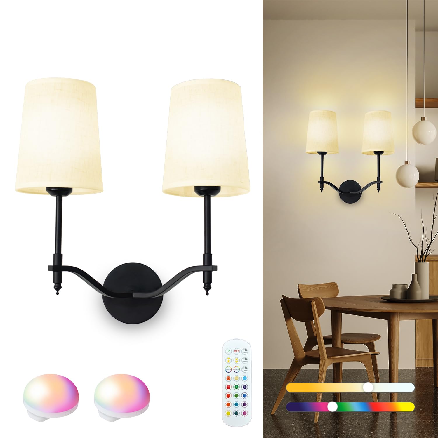 Troconce Wall Lights Battery Operated Wall Sconces 2-Light  Black Rechargeable Wall Sconce with 15 RGB Dimmable Detachable Bulbs and Remote  Wireless Battery Powered Wall Lamp for Living Room Bedroom