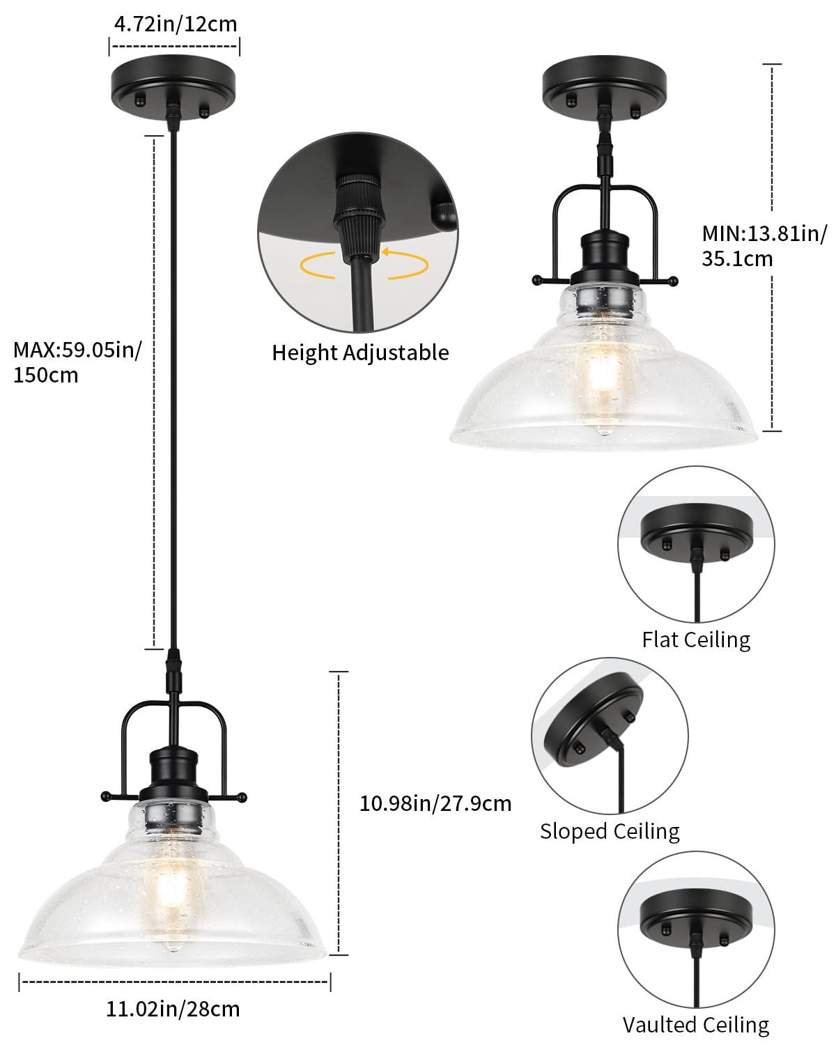 Wilon Seeded Glass Pendant Lights Kitchen Island Lighting, Black Modern Farmhouse Pendant Light Fixture With E26 Base, Vintage H
