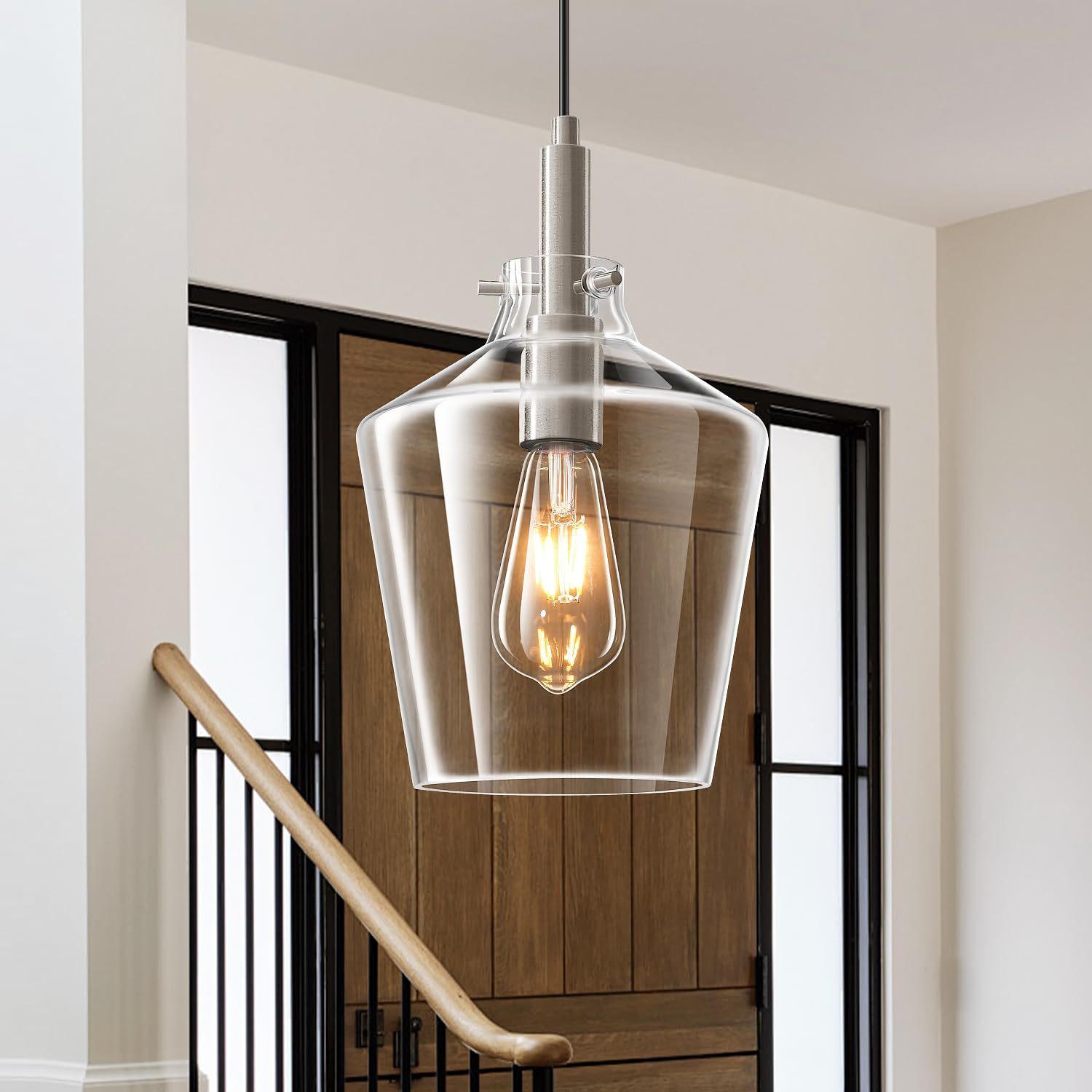 Vaziden Modern Glass Pendant Lighting For Kitchen Island  Farmhouse Nickel Pendant Light Fixtures 1 Pack  Adjustable Hanging Ceiling Light Angled Clear Glass Shades 8 Inch