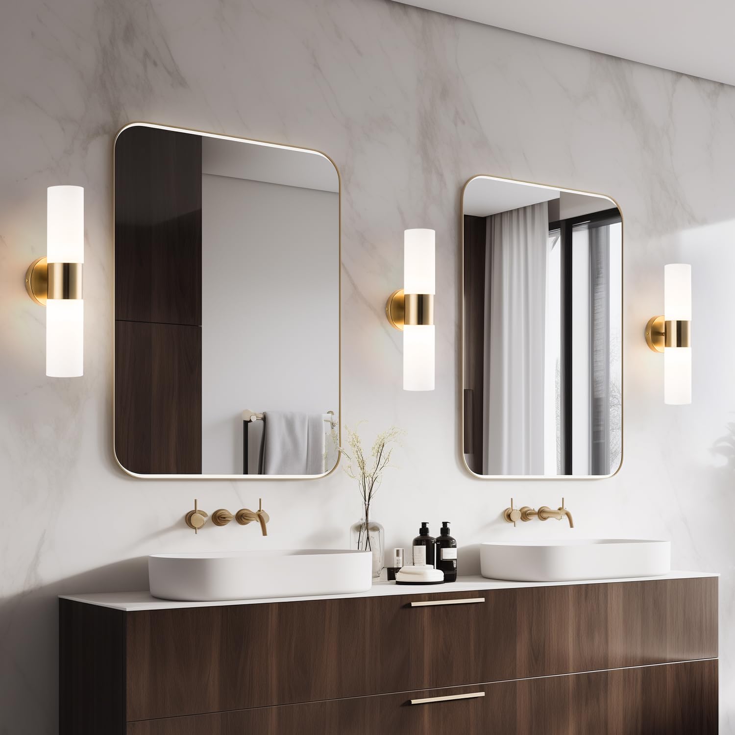 DANBEE Modern Wall Sconce 2-Light Fixture, Gold Metal, Frosted Glass, Model WL-004-GD, 1 Pack
