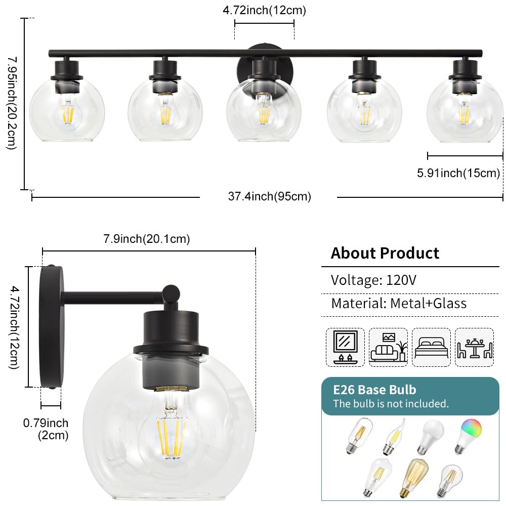 Lanmate 5-Light Bathroom Vanity Light Fixture, Modern Black Wall Sconce with Clear Glass Shades, 37.4 inch, Model L1746