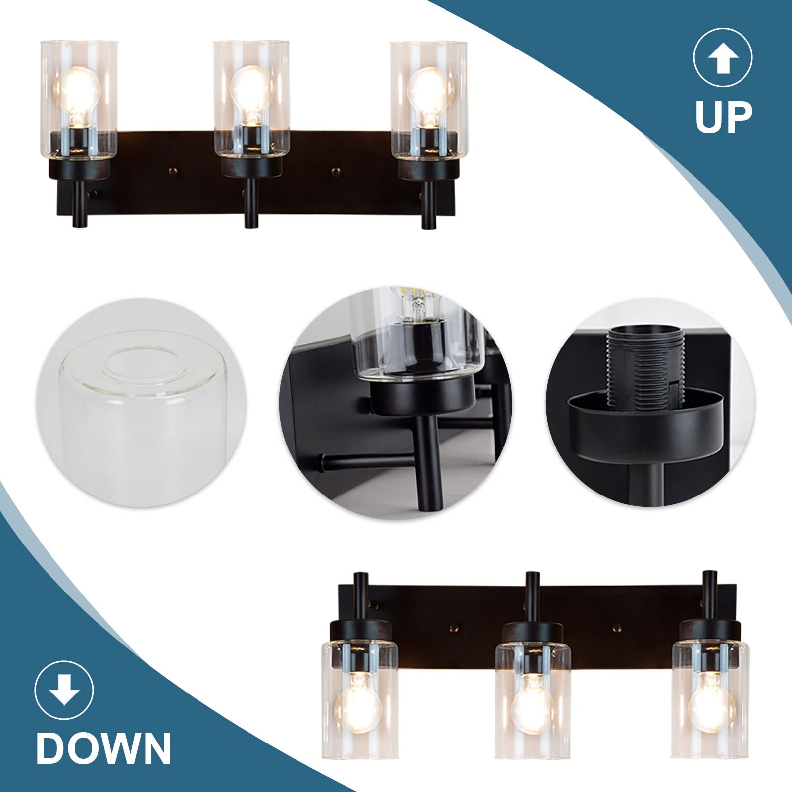 Dinglilighting Vintage 3-Light Wall Sconce, Black Metal Bathroom Vanity Light With Clear Glass Shades, Model Ws-Fnw2-60B