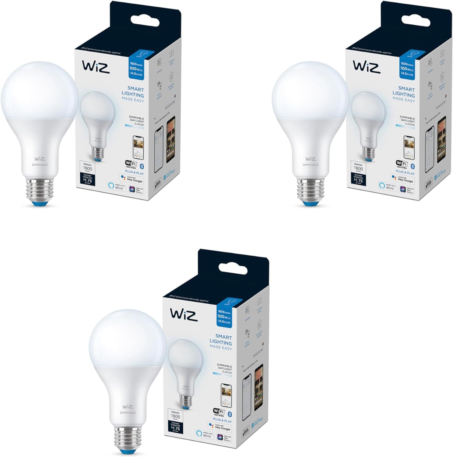 WiZ 100W Eq. (14.5W) A21 Daylight (5000K) LED Smart Bulb - Pack of 3-1600 Lumen- E26 - Indoor - Connects to Your Existing Wi-Fi 