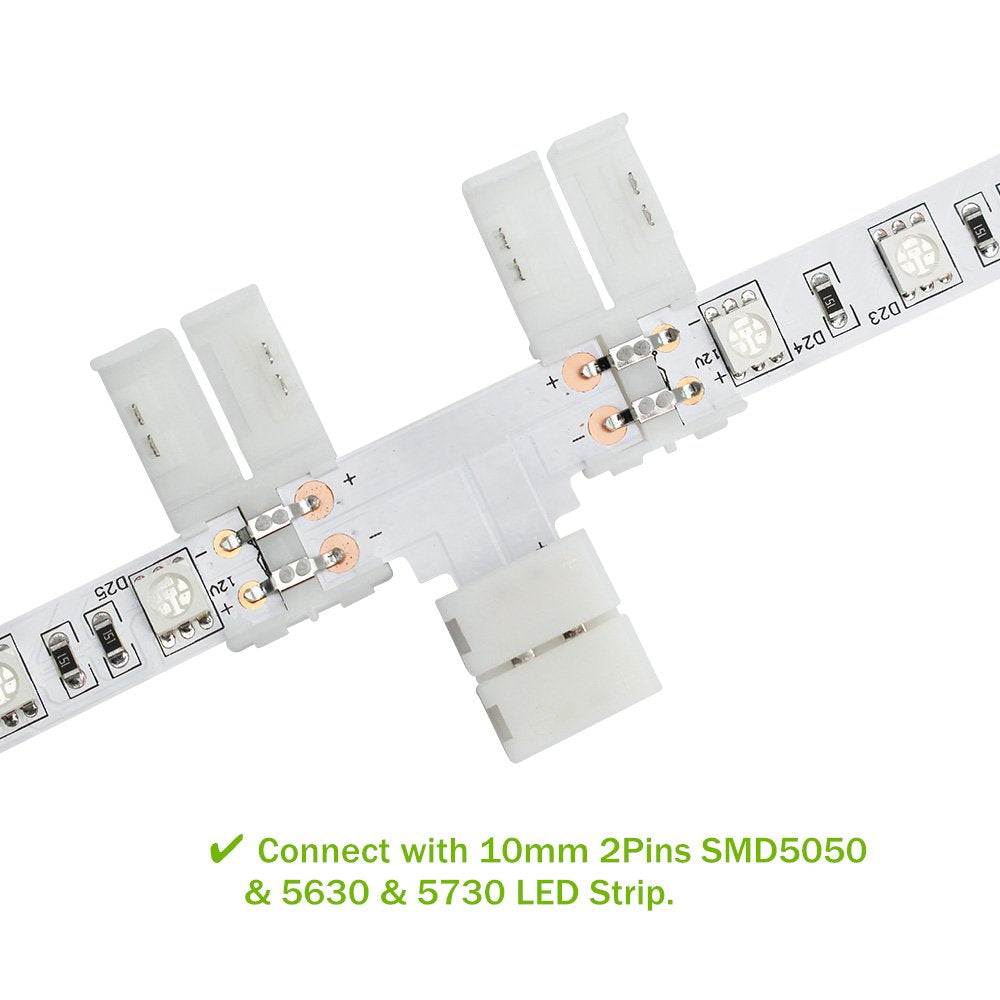 Lightingwill 10Pcs Pack T Shape Solderless Snap Down 2Conductor Led Strip Connector For Quick Splitter Connection Of 10Mm Wide 5