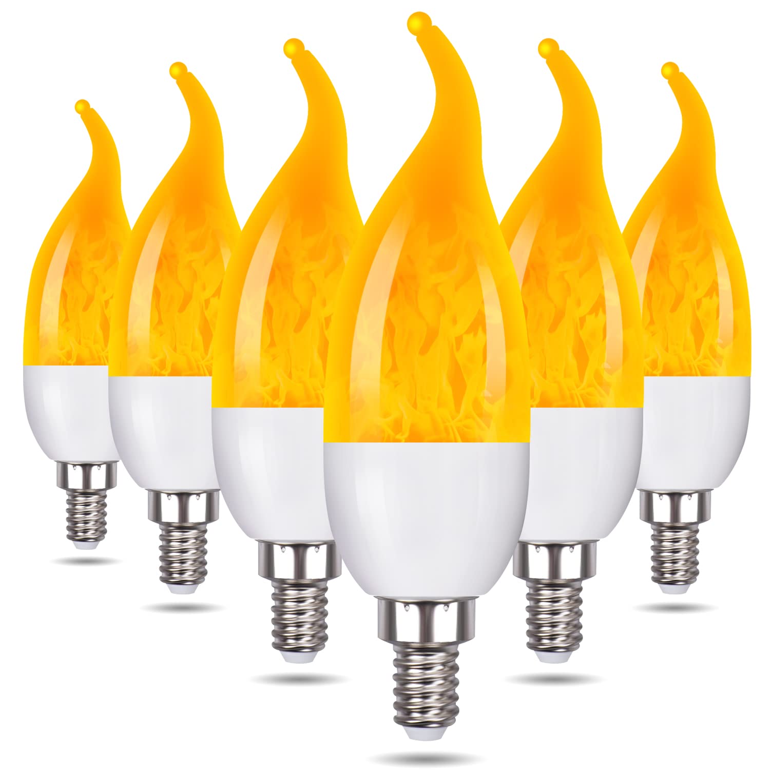Venforze E12 6 Pack 3 Mode LED Candelabra Flame Light Bulbs, 1.2W Warm White, 1800k Candle Light, Flame Tip for Christmas Party 