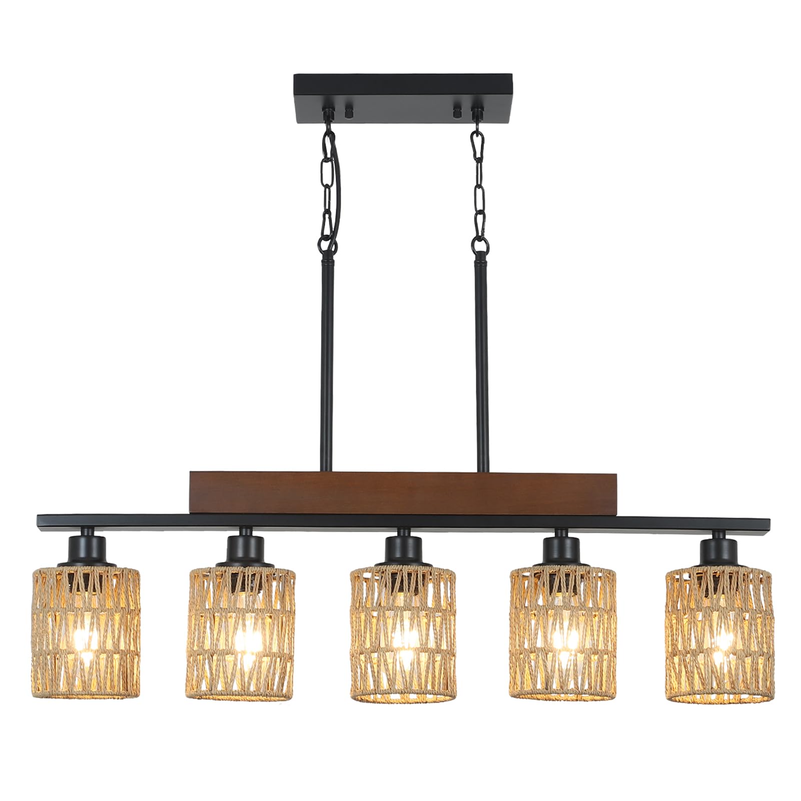 Rattan Farmhouse Chandeliers for Dining Room, Boho Kitchen Island Lighting, 5-Light Linear Chandelier Rectangle Pendant Lighting