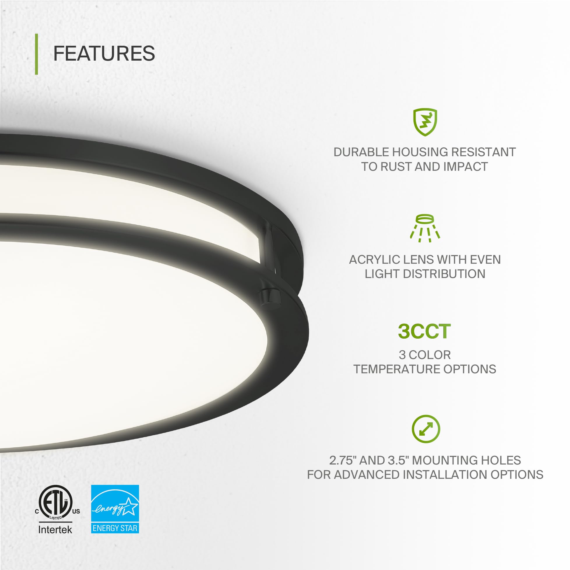 Asd Led 16 Inch Round Flush Mount Light Fixture | 24W 1900Lm 3000K-5000K 120V | 3Cct  Dimmable  Energy Star  Etl Listed | Close To Ceiling Double Ring Lamp  Low Profile Lighting | Black