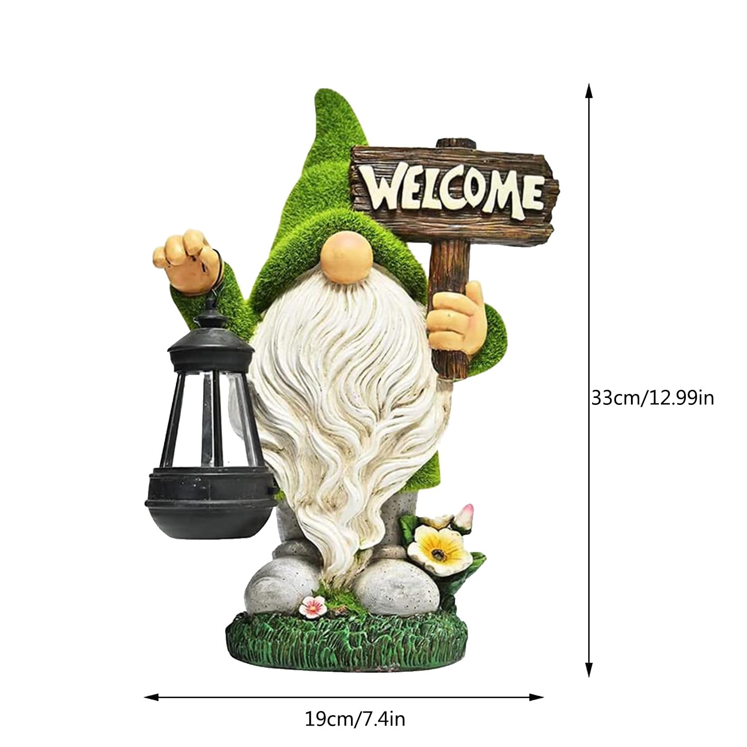 Meagkka Garden Gnome Statue Outdoor Decor Large Flocked Resin Gnome Figurine With Solar Light Holding Lantern Welcome Sign Garde