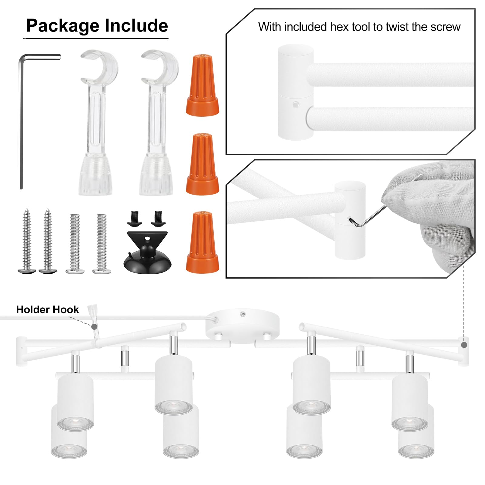 Bricosmocon Plug-in Track Lighting Fixture, 8-Light LED Metal Ceiling Spotlight, White, C0684, 14.8ft Power Cord