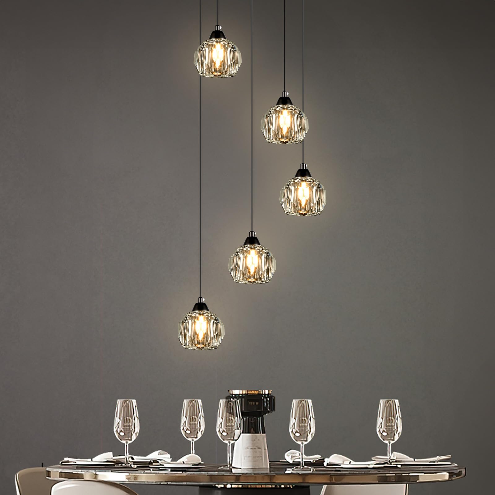 Weesalife 5-Light Black Crystal Chandelier Pendant Light Fixture for Dining Room, Living Room, Kitchen, Foyer, Model A8818