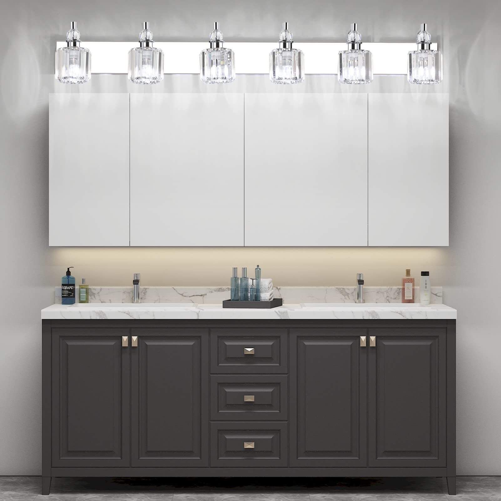 Ralbay 6-Light Crystal Vanity Lights - 48" Chrome Stainless Steel Bathroom Fixture, Model 8605, Modern Design for Wall Mounting