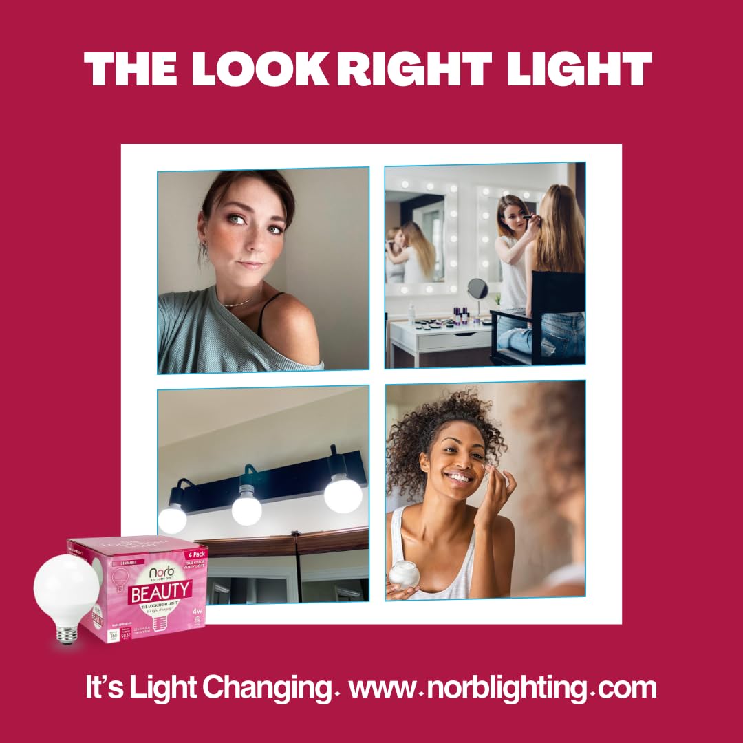 NorbBEAUTY G25 Globe LED Vanity Light Bulbs - Natural Daylight, 4 Pack, Polycarbonate, White - Salon-Quality Makeup Lighting