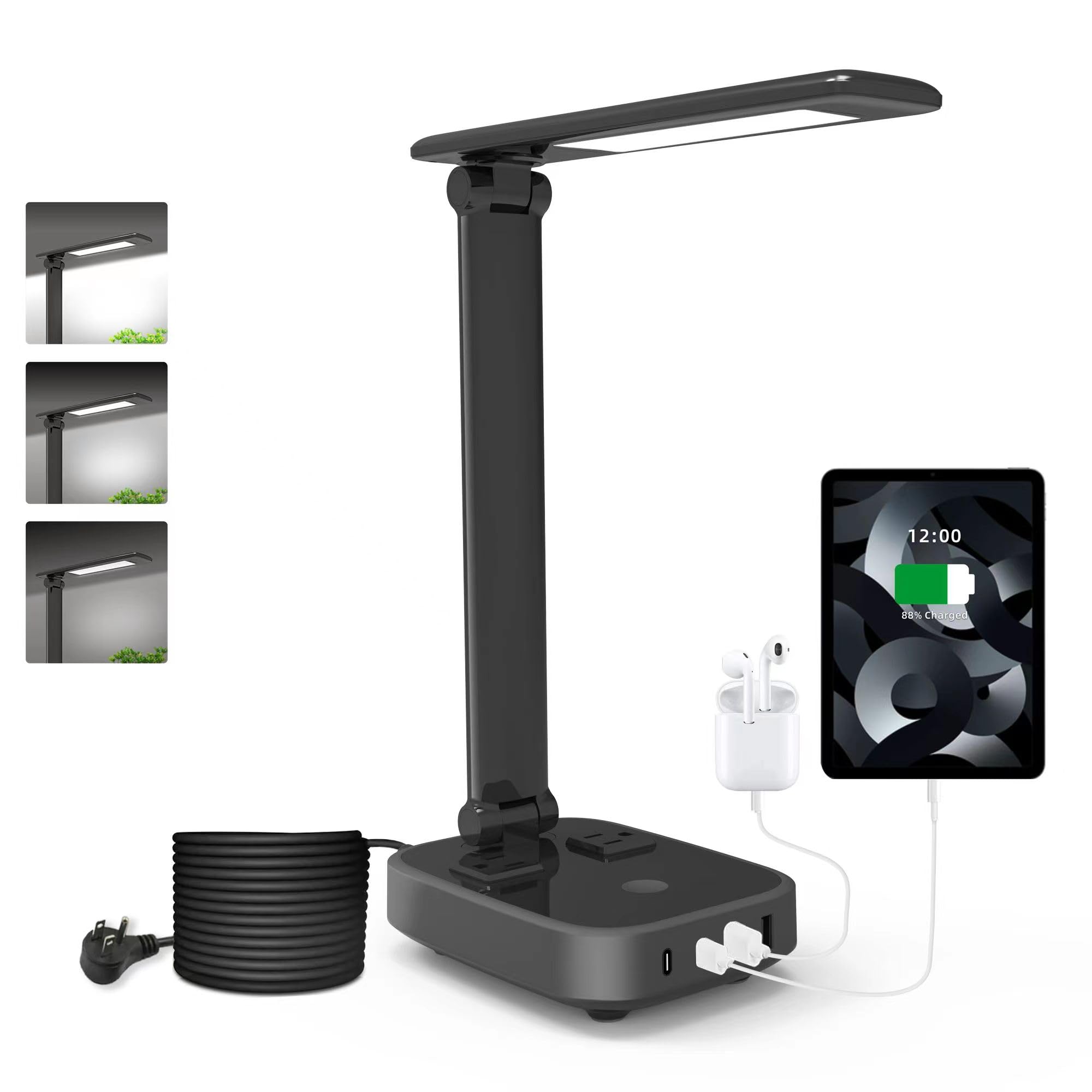 Yostyle LED Desk Lamp with 4 USB Ports, 2 AC Outlets, Touch Dimmer, Black, Model SPMKJ-07