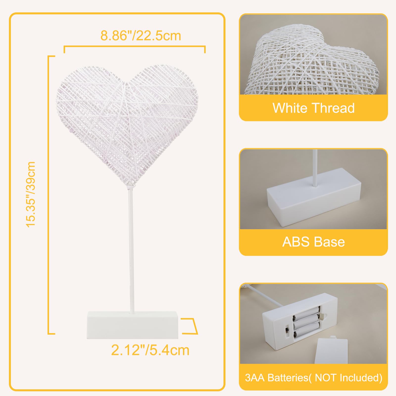Lewondr Decorative Table Lamp, Heart LED Light, Battery Powered, White, Model EB19337S