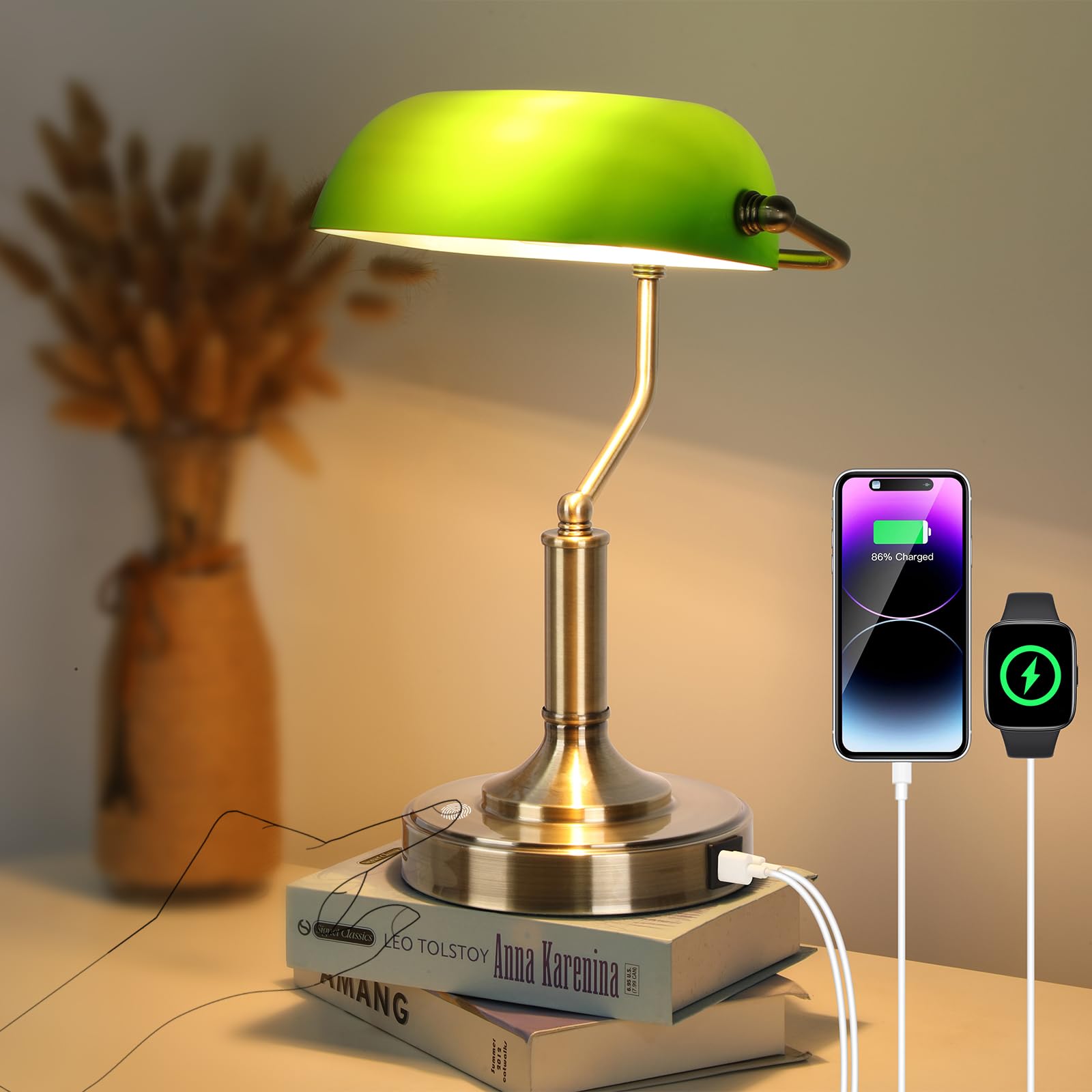 Linnmon Bankers Lamp, Green Desk Lamp With Touch Control Switch, Retro Lamp With Usb And Type C Charging Ports, Vintage Lamp For