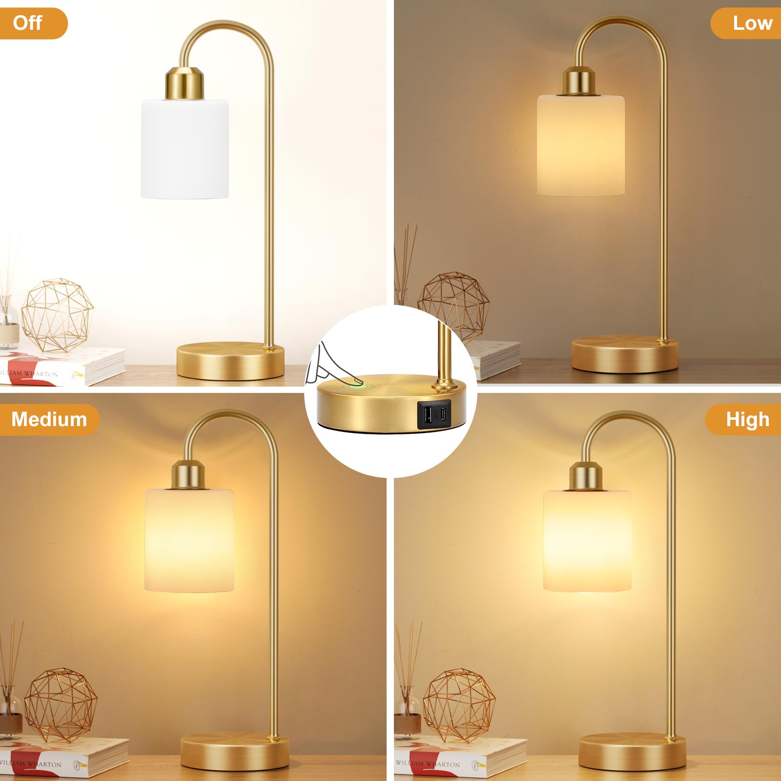 Opal Gold Desk Lamps For Home Office - 3 Way Dimmable Touch Gold Lamp With Usb C+A Ports, Nightstand Lamp With Glass Shade,Bedside Table Lamps For Night Stands, Bedroom,Living Room, Led Bulb Included