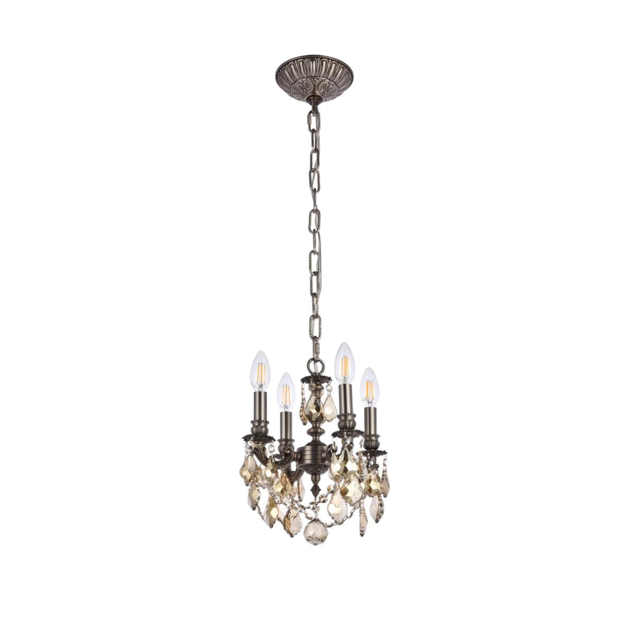 Elegant Lighting Royal Cut Crystal Chandelier, 4-Light, Pewter Finish, 10inW x 10inH, Model 9104D10PW-GT/RC, Smoky Golden Teak