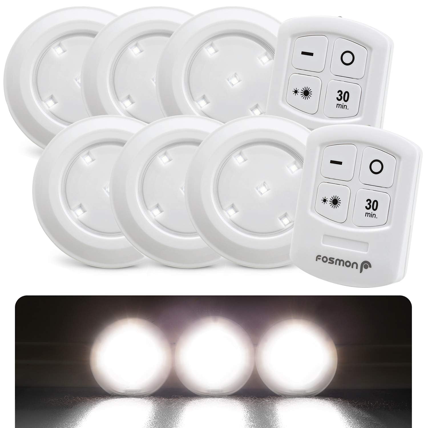 Fosmon Wireless LED Puck Light 6 Pack with Remote Control, Under Cabinet Lighting [5 Daylight White LED, Wide Floodlight Tap Sty