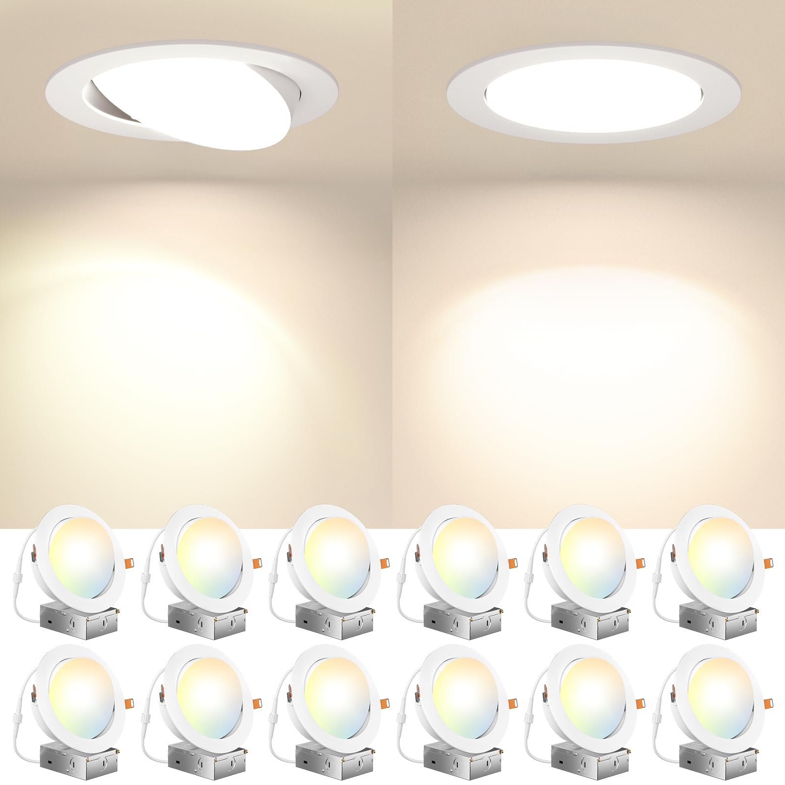 Amico 12 Pack 6 Inch Gimbal Led Recessed Lighting, 40° Tilt Adjustable Directional Canless Downlight, 2700K/3000K/3500K/4000K/5000K Selectable, Better Airtight, 15W 100W Eqv, 1100Lm, Etl&Fcc