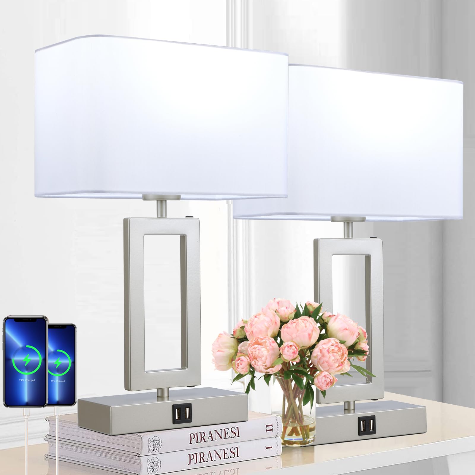BrightWe Table Lamp Set of 2 Lamps for Bedroom, Touch Control Table Lamps with 2 USB Ports, 3-Way Dimmable Bedside Nightstand La