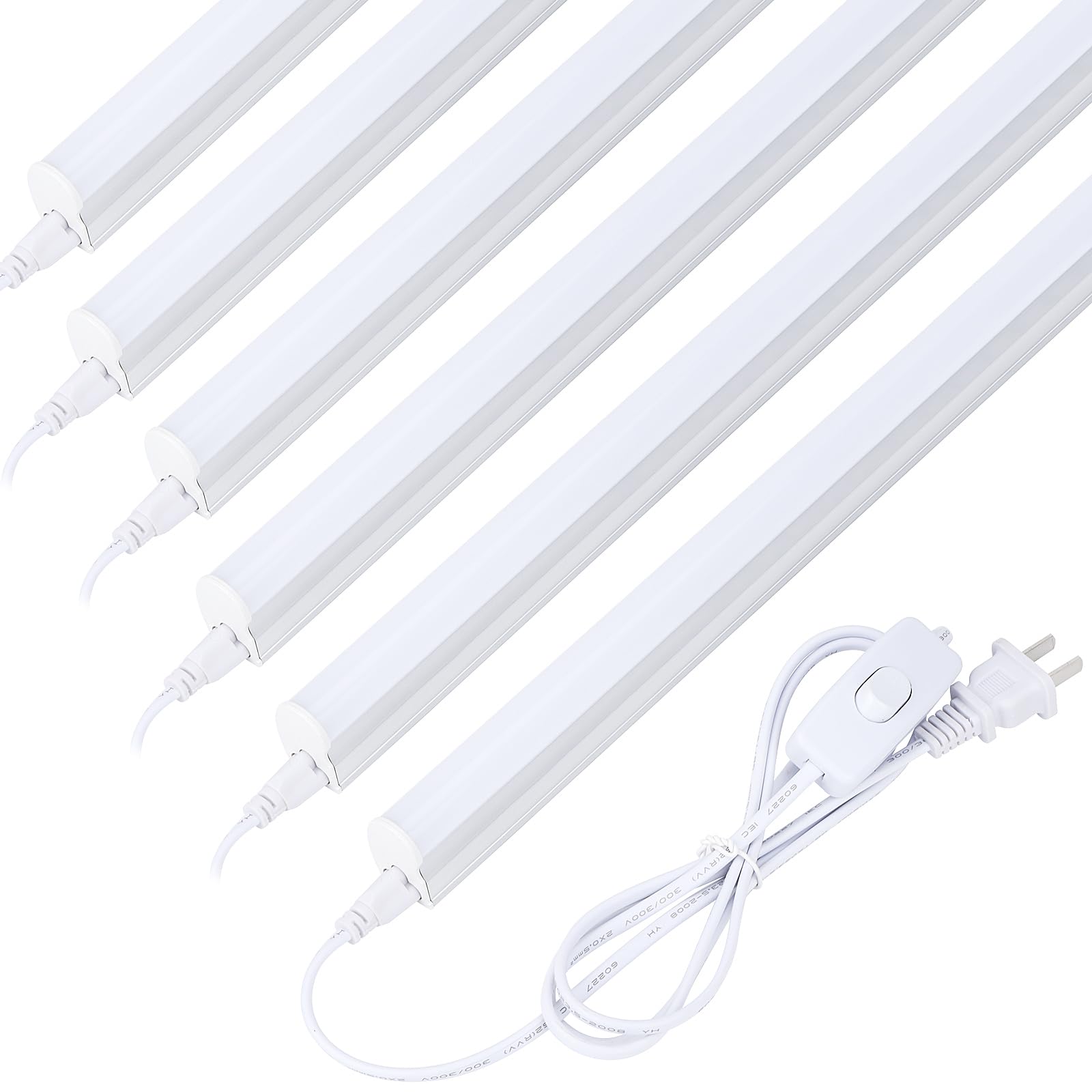 (6 Pack) LED T5 Integrated Single Fixture  4FT 2400lm  6500K Super Bright White  22W Utility LED Shop Light  Ceiling and Under Cabinet Light Tube Lights for Garage  Corded Electric with ON/Off Switch