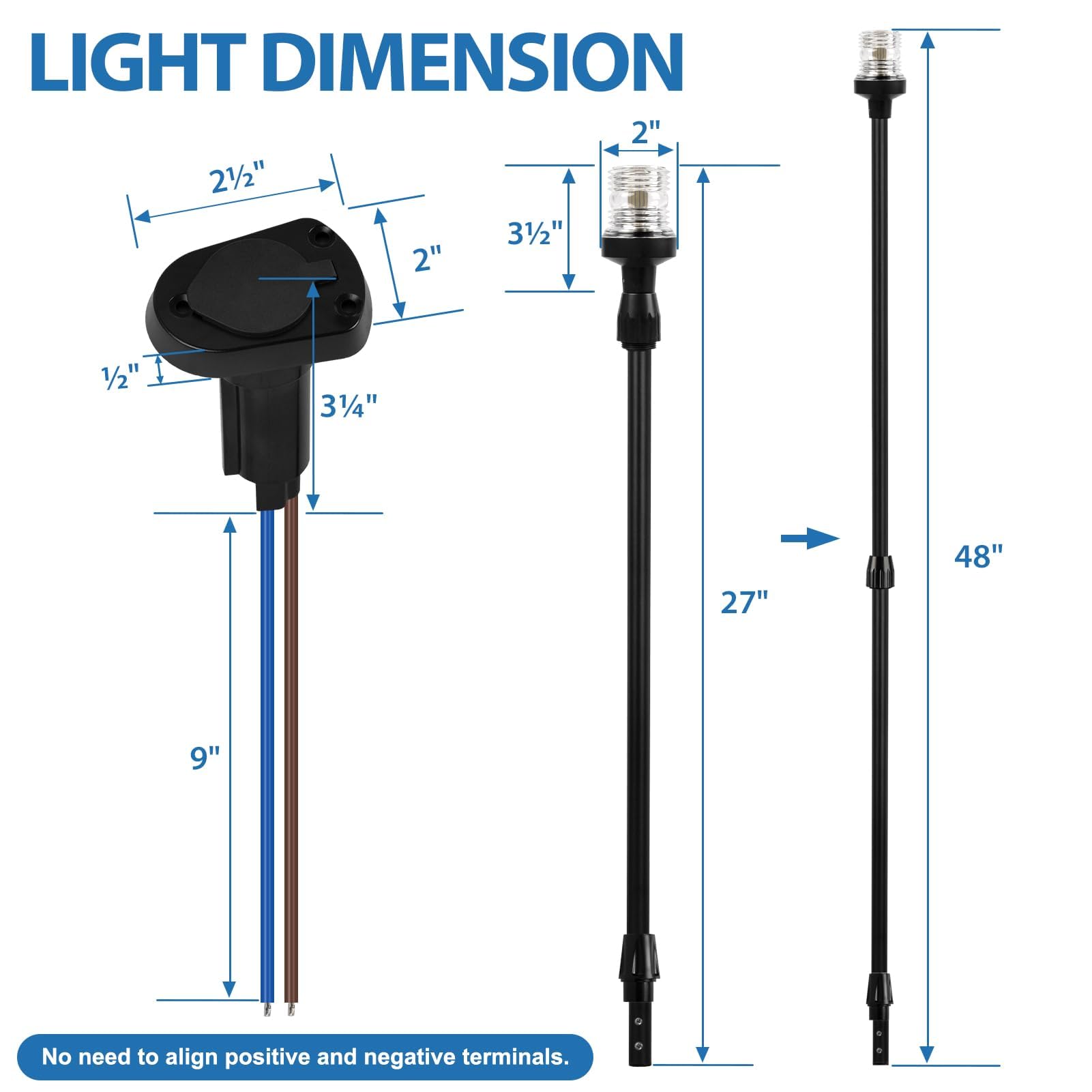 Obcursco Boat Stern Lights - 27"-48" Telescoping LED Anchor Light, 12V 3NM 360° Navigation Lighting, Black