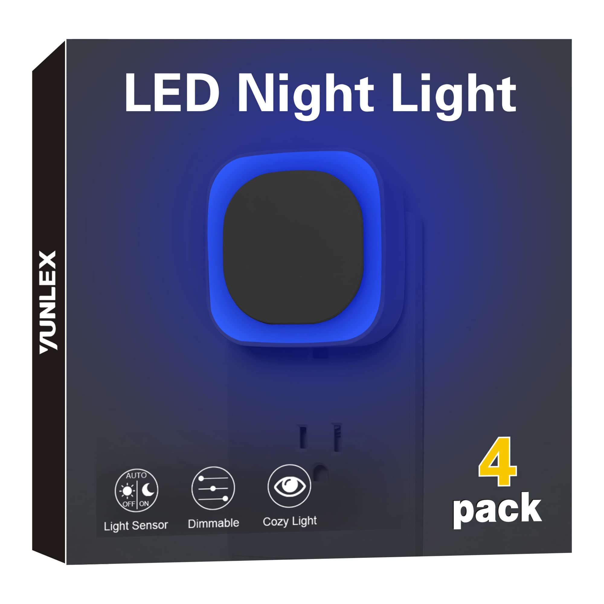 YUNLEX 4 Pack Plug in Dimmable Night Light, Blue Nightlight, Auto Dusk to Dawn Sensor, LED Night Light, Soft Glow, Diffused Ligh