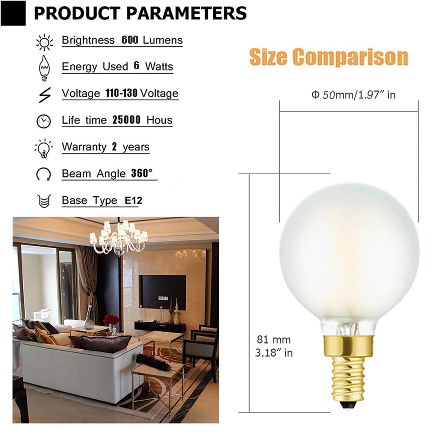 Leools Dimmable G16.5 LED Bulbs, 6W (60W Equivalent), Warm White 2700K, E12 Base, Frosted Glass, Pack of 6