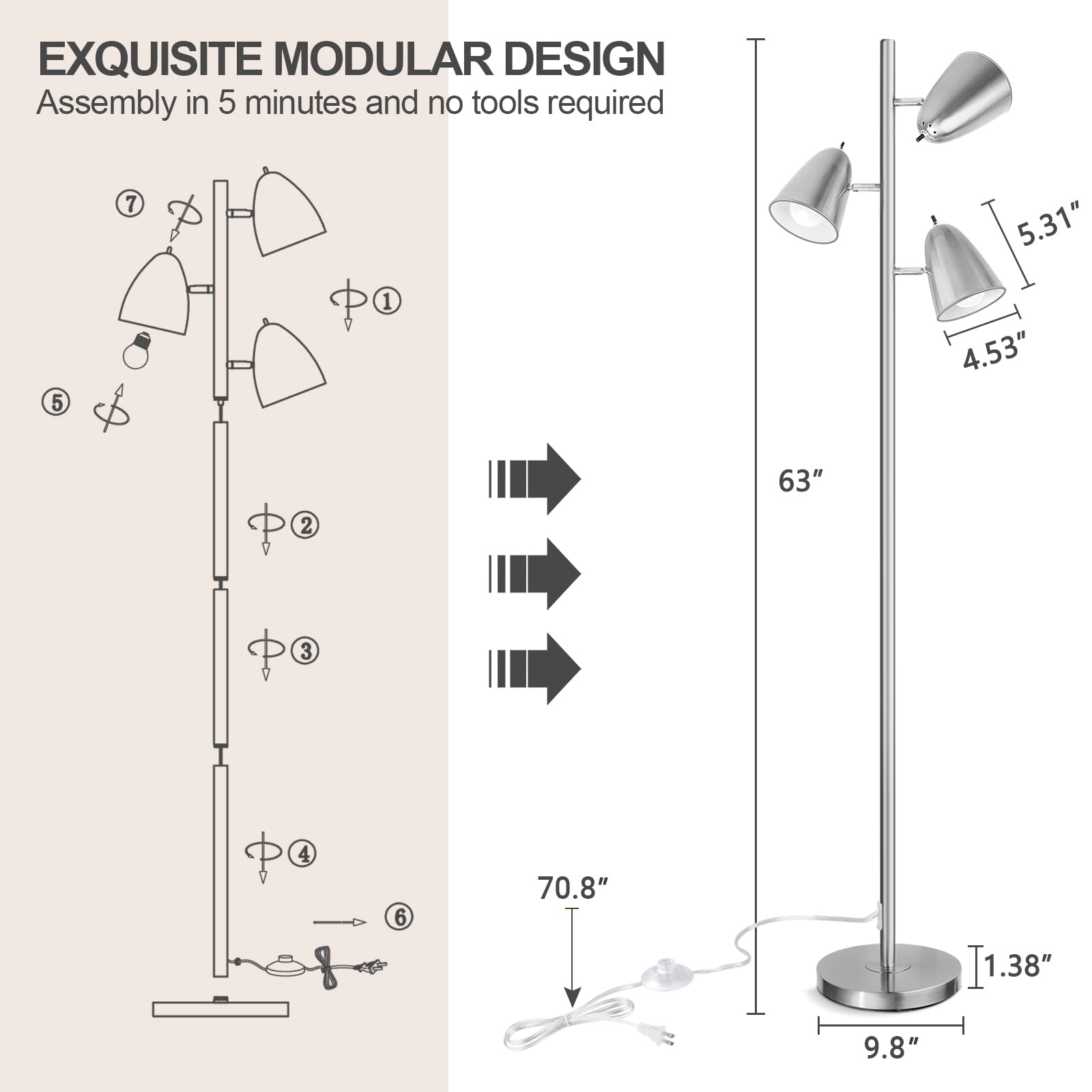 QiMH 3-Head Floor Lamp - Brushed Nickel, Adjustable Arms, Ideal for Living Room, Bedroom, Office, Modern Stand Up Lighting